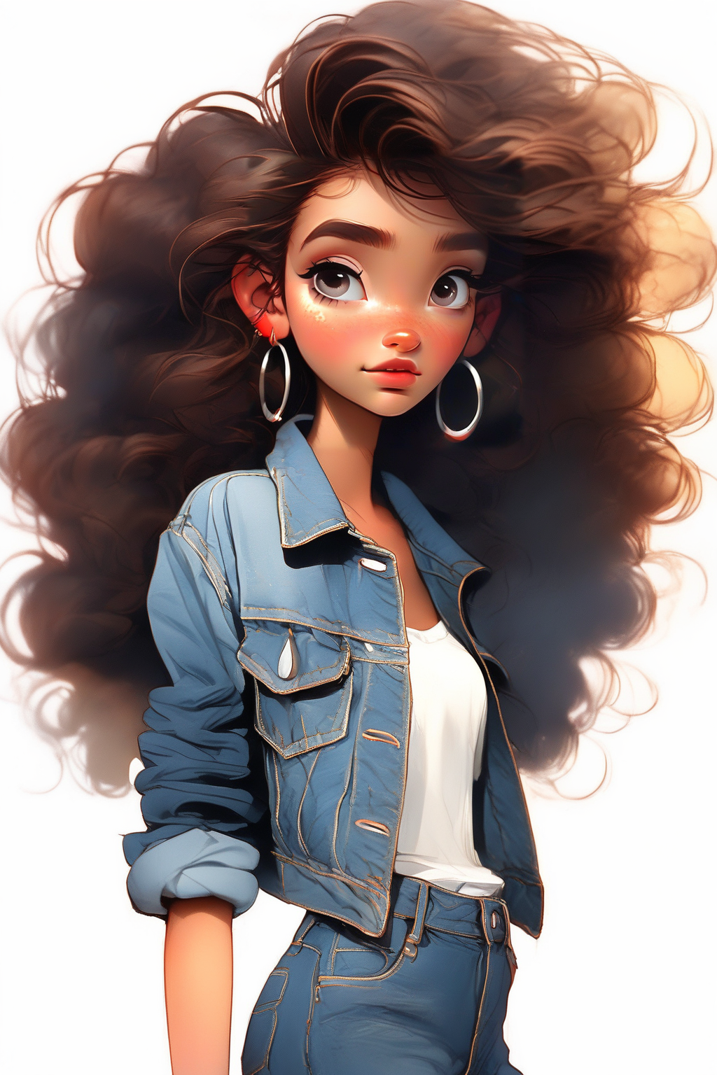 <lora:NHmix:0.9>,Pixar-esque,denim jacket,denim,1girl,curly hair,solo,jeans,long hair,blurry background,blurry,freckles,jewelry,earrings,jacket,brown hair,depth of field,outdoors,looking to the side,sleeves rolled up,shirt,arms at sides,lips,facing viewer,white shirt,big hair,open jacket,very long hair,wavy hair,backlighting,looking away,upper body,open clothes,floating hair,pants,thick eyebrows,parted lips,hoop earrings,blue jacket,looking afar,closed mouth,eyelashes,denim shorts,belt,