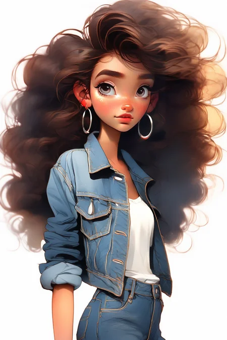 <lora:NHmix:0.9>,Pixar-esque,denim jacket,denim,1girl,curly hair,solo,jeans,long hair,blurry background,blurry,freckles,jewelry,earrings,jacket,brown hair,depth of field,outdoors,looking to the side,sleeves rolled up,shirt,arms at sides,lips,facing viewer,white shirt,big hair,open jacket,very long hair,wavy hair,backlighting,looking away,upper body,open clothes,floating hair,pants,thick eyebrows,parted lips,hoop earrings,blue jacket,looking afar,closed mouth,eyelashes,denim shorts,belt,