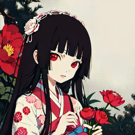 enma ai, hair down, hair black, bangs, eyes red, masterpiece, best quality, ultra-detailed, illustration, 1girl, solo, highres, photorealistic, ultra high res, (Original illustration composition), (fusion of limited color,Maximalism artstyle, kimono obi fashion, double exposure, background, illustration, Amazing, lily spider, night darkness, open one's mouth, finger, bouquet flowers red, low twintails, (polychromatic peony:1.15), Movie poster,