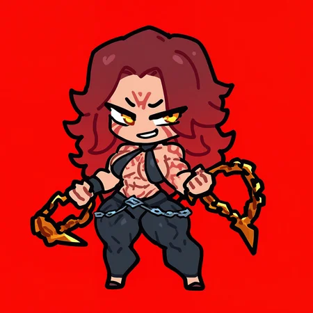chibi,1girl, solo, long hair, breasts, looking at viewer, smile, simple background, large breasts, holding, navel, bare shoulders, yellow eyes, weapon, multicolored hair, thighs, red hair, pants, holding weapon, grin, muscular, gradient hair, tattoo, halterneck, thick thighs, chain, facial mark, abs, revealing clothes, wristband, red background, breasts apart, smirk, muscular female, facial tattoo, biceps, body markings, breast tattoo, obliques, <lora:Ishikoro_Style_NBV1:0.95> <lora:None:1.0>