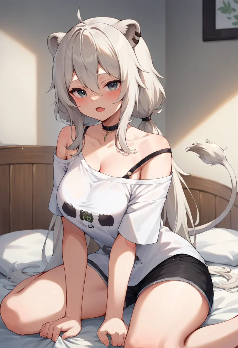core_9, score_8_up, score_7_up, BotanCasual, long hair, low twintails, lion tail, black choker, loose white t-shirt, single bare shoulder, bra strap, black shorts, fang, blush, seiza, on bed, indoors, dim light, <lora:CHAR-ShishiroBotanPonyXL:1>