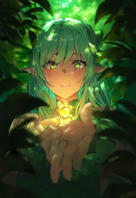 (elf girl), {forest scene},{1girl},solo,{long green hair},{pointy ears},{bow and arrow},{fairy companion},{mystical atmosphere},{dappled sunlight},{lush vegetation},{ancient trees},{magical particles},{ethereal glow},{detailed fantasy clothing},{elvish ornaments},{curious expression},{gentle smile},{first person perspective},{waking up scene},{blurred foreground},{depth of field},{soft focus},{vibrant colors},{intricate details},{isekai style},{adventure beginning},{{{reaching out hand}}},{outstretched arm},{inviting gesture},{helping hand},{closeup of hand},{focus on hand movement},{dramatic angle},best quality,amazing quality,very aesthetic,absurdres,best quality,amazing quality,very aesthetic,absurdres,