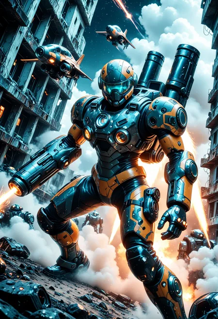 SmoothNoob_Quality, science fiction, mech warrior. sci-fi helmet with light blue tinted visor over face. using a jet pack, (floating:1.2). midair. arm cannon, fighting stance, in a ruined sci-fi landscape. smoke, dust and ash in the air. Alien spacecraft in the night sky above. tracer fire and laser trails illuminate the dark sky, foreshortening, dynamic angle, <lora:Smooth_Booster_v3:0.75>