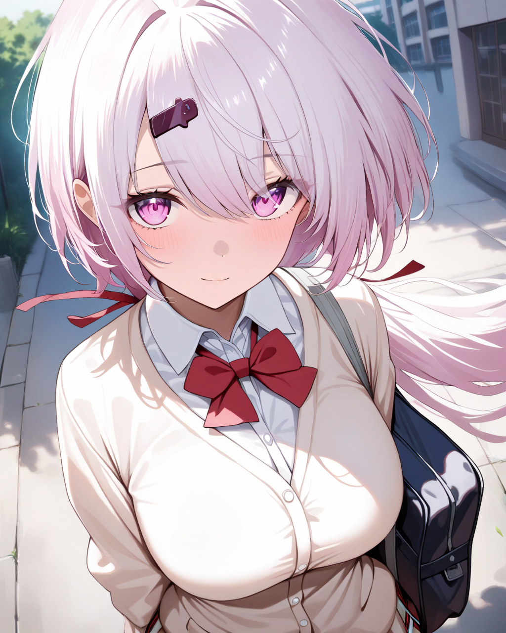 1girl,
ShiinaYuikaNijisanji,
solo, upper body, dutch angle, from above,
low ponytail, hair ribbon, hair ornament,
beautiful eyes, looking at viewer,
light smile,
walking,
cardigan, red bow, long sleeves, collared shirt,
large breasts, school bag,
wind, outdoors, school,
depth of field,
<lora:kp_ShiinaYuikaNijisanji1stCostumeAnimagineXL_v1_1:1.0>,
masterpiece, high score, great score, absurdres