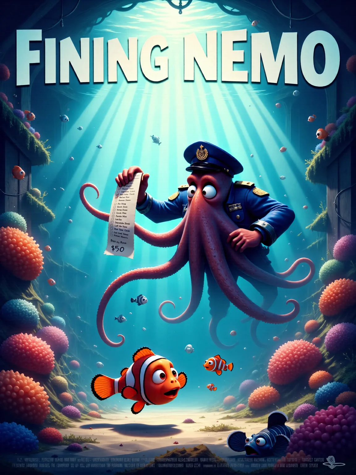 a humorous, detailed movie poster in a vibrant, 3d-cartoon-style with the title text "FINING NEMO" at the top in bold, playful lettering and the movie credits are at the bottom, amidst the vast depths of the ocean, nemo, a small orange clownfish, floats nervously as an ominous octopus officer in a blue police cap towers over him, the officer's eight tentacles are extended, one tentacle wrapped around a large speeding ticket, nemoâs wide eyes are filled with shock and confusion as he faces the viewer, in the background, beautiful towering coral formations and clusters of underwater plants sway gently with the current, the vibrant sea life around them has paused to witness the scene, curious fish and sea creatures peek out from behind the coral, all wearing expressions of disbelief, above them, sunlight filters down through the surface of the water, casting shimmering, dappled light that illuminates the ocean floor, the play of light creates a dramatic and almost surreal underwater atmosphere, the camera captures a wide, cinematic shot, slightly tilted for a dramatic angle, nemo is centered in the foreground, with the imposing octopus and the marine backdrop in the distance, the scene has an exaggerated, cartoonish tone, yet is visually epic and cinematic, the detailed textures of the coral and fish contrast with the absurdity of the situation, lighting is soft but vibrant, with the sunlight creating a glowing blue hue that permeates the water, highlighting the bright colors of the sea creatures and plants, the shadows of the coral and the octopus add depth to the scene, emphasizing the seriousness of nemoâs predicament, the mood is humorous and whimsical, dappled lighting, <lora:image_enhancer-flux-by_dever:0.8> <lora:style-envyfluxsoftbeauty01a-flux:1.0>