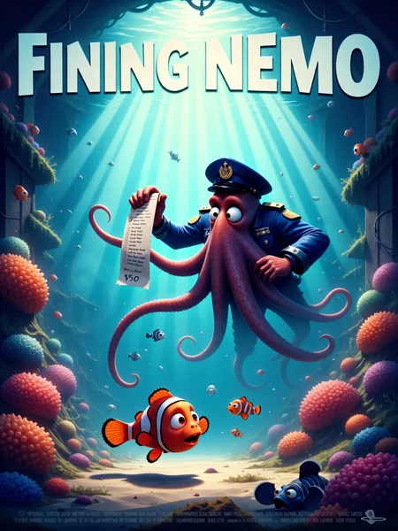 a humorous, detailed movie poster in a vibrant, 3d-cartoon-style with the title text "FINING NEMO" at the top in bold, playful lettering and the movie credits are at the bottom, amidst the vast depths of the ocean, nemo, a small orange clownfish, floats nervously as an ominous octopus officer in a blue police cap towers over him, the officer's eight tentacles are extended, one tentacle wrapped around a large speeding ticket, nemoâs wide eyes are filled with shock and confusion as he faces the viewer, in the background, beautiful towering coral formations and clusters of underwater plants sway gently with the current, the vibrant sea life around them has paused to witness the scene, curious fish and sea creatures peek out from behind the coral, all wearing expressions of disbelief, above them, sunlight filters down through the surface of the water, casting shimmering, dappled light that illuminates the ocean floor, the play of light creates a dramatic and almost surreal underwater atmosphere, the camera captures a wide, cinematic shot, slightly tilted for a dramatic angle, nemo is centered in the foreground, with the imposing octopus and the marine backdrop in the distance, the scene has an exaggerated, cartoonish tone, yet is visually epic and cinematic, the detailed textures of the coral and fish contrast with the absurdity of the situation, lighting is soft but vibrant, with the sunlight creating a glowing blue hue that permeates the water, highlighting the bright colors of the sea creatures and plants, the shadows of the coral and the octopus add depth to the scene, emphasizing the seriousness of nemoâs predicament, the mood is humorous and whimsical, dappled lighting, <lora:image_enhancer-flux-by_dever:0.8> <lora:style-envyfluxsoftbeauty01a-flux:1.0>