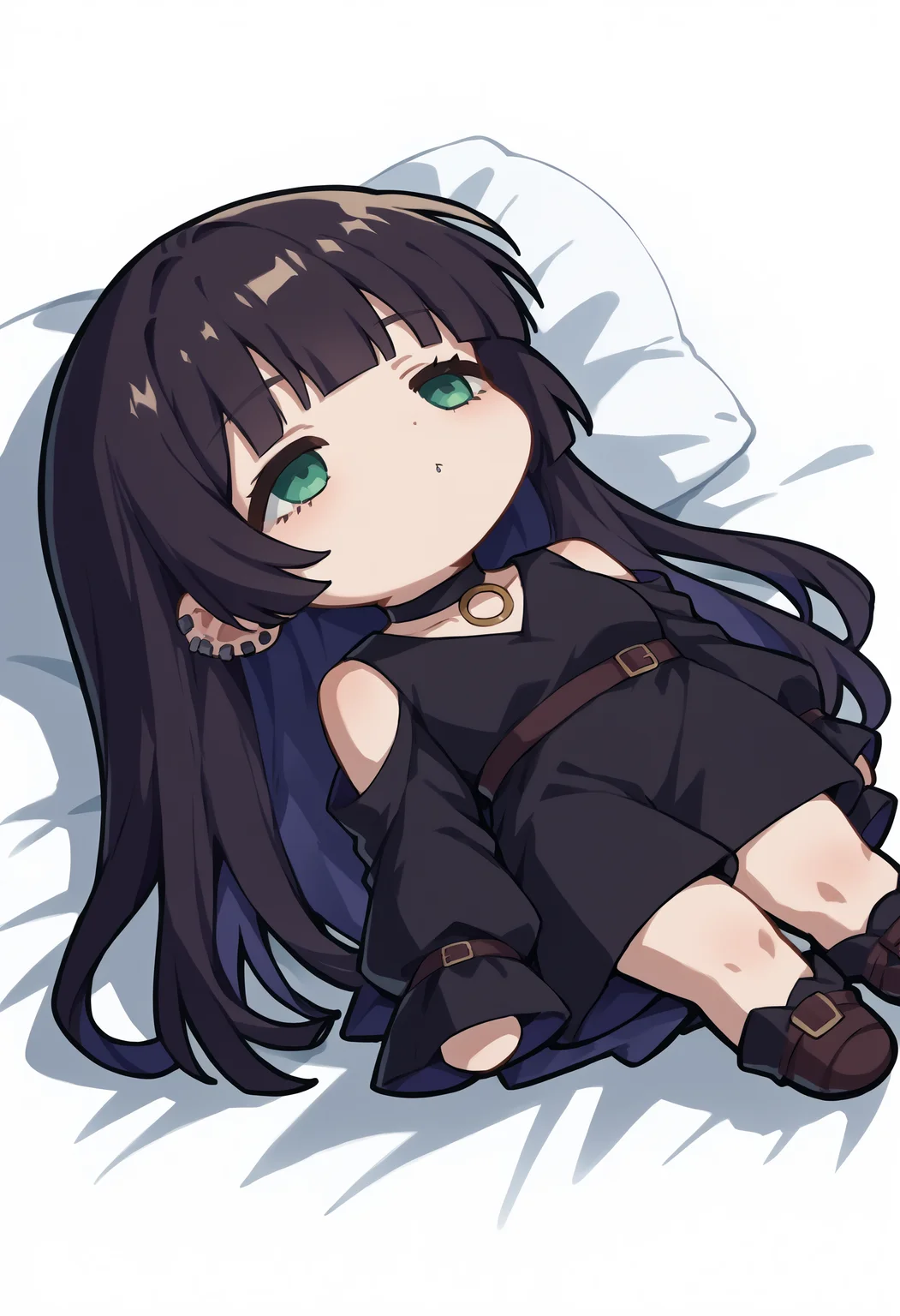 score_9, score_8_up, score_7_up, source_anime, 1girl, QiqiFallen, lying, on back, chibi, <lora:QiqiFallen_XLPD:1.2>, <lora:Hoseki_BTR_Pasan_PDXL_v1:1> pasan, ear piercing, chin piercing, hime cut, choker, black dress, shoulder cutout, sleeves past fingers