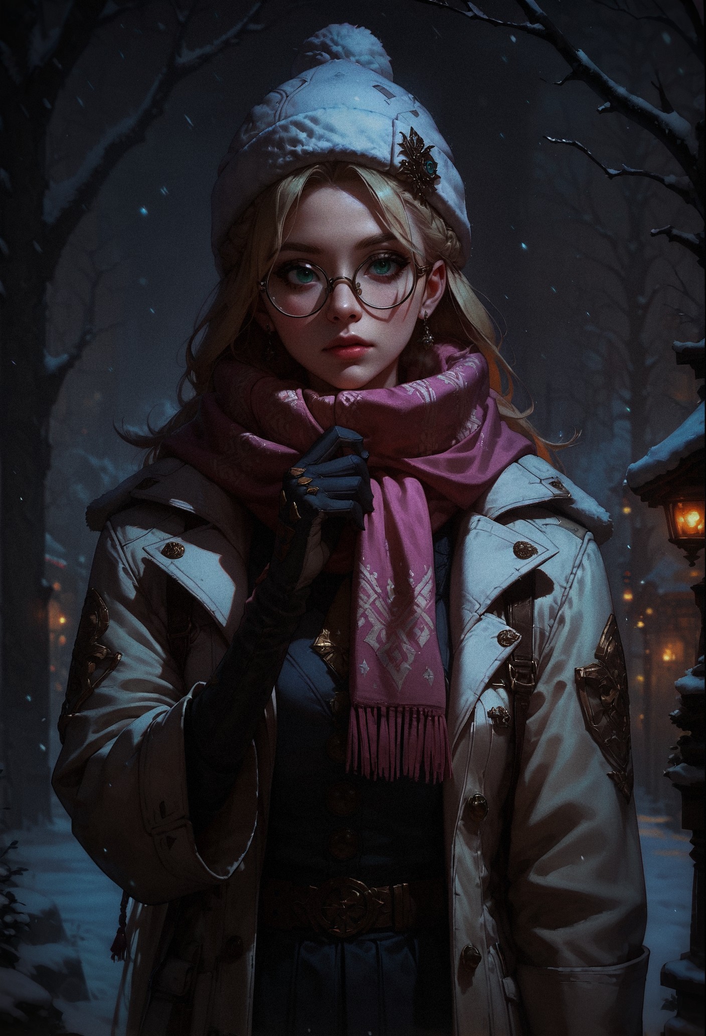 score_9, score_8_up, score_7_up, score_6_up, score_5_up, score_4_up,  1 girl, blonde hair, long hair, crownbraid, snowcap, round eyewear, glasses,  white winter furcoat, snow, standing, in snow, night, solo, bokeh, orange lighting, pink scarf, hand on scarf, green eyes, black gloves, close up, pleading, moonlight, snowing   <lora:sdxl\Concept Art DarkSide Style LoRA_Pony XL v6:0.8>, concept art, realistic, <lora:sdxl\Expressive_H-000001:0.8>, expressiveH <lora:sdxl\pony_OldAnimeStyle_XL_v3:0.4>, 1990s \(style\), vintage <lora:sdxl\sinfully_stylish_SDXL>