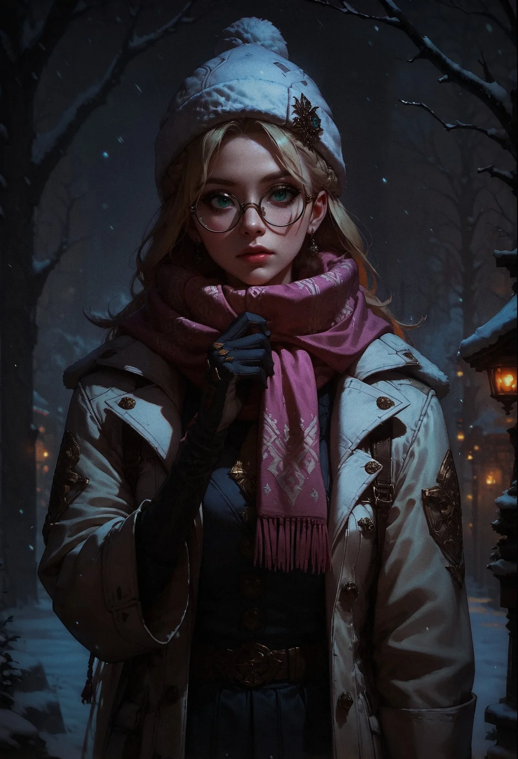 score_9, score_8_up, score_7_up, score_6_up, score_5_up, score_4_up,  1 girl, blonde hair, long hair, crownbraid, snowcap, round eyewear, glasses,  white winter furcoat, snow, standing, in snow, night, solo, bokeh, orange lighting, pink scarf, hand on scarf, green eyes, black gloves, close up, pleading, moonlight, snowing   <lora:sdxl\Concept Art DarkSide Style LoRA_Pony XL v6:0.8>, concept art, realistic, <lora:sdxl\Expressive_H-000001:0.8>, expressiveH <lora:sdxl\pony_OldAnimeStyle_XL_v3:0.4>, 1990s \(style\), vintage <lora:sdxl\sinfully_stylish_SDXL>