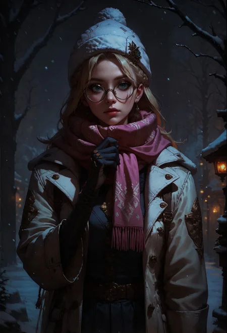 score_9, score_8_up, score_7_up, score_6_up, score_5_up, score_4_up, 1 girl, blonde hair, long hair, crownbraid, snowcap, round eyewear, glasses, white winter furcoat, snow, standing, in snow, night, solo, bokeh, orange lighting, pink scarf, hand on scarf, green eyes, black gloves, close up, pleading, moonlight, snowing <lora:sdxl\Concept Art DarkSide Style LoRA_Pony XL v6:0.8>, concept art, realistic, <lora:sdxl\Expressive_H-000001:0.8>, expressiveH <lora:sdxl\pony_OldAnimeStyle_XL_v3:0.4>, 1990s \(style\), vintage <lora:sdxl\sinfully_stylish_SDXL>