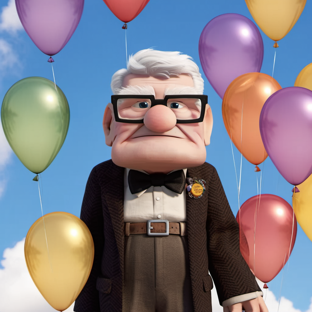 CarlFredricksen1024, an old man lifted by ballons in the sky, detailed eyes, highly detailed , photography, ultra sharp, film, bokeh, professional, 4k  <lora:add-detail-xl:1.5>  <lora:CarlFredricksen1024-000360:0.8>