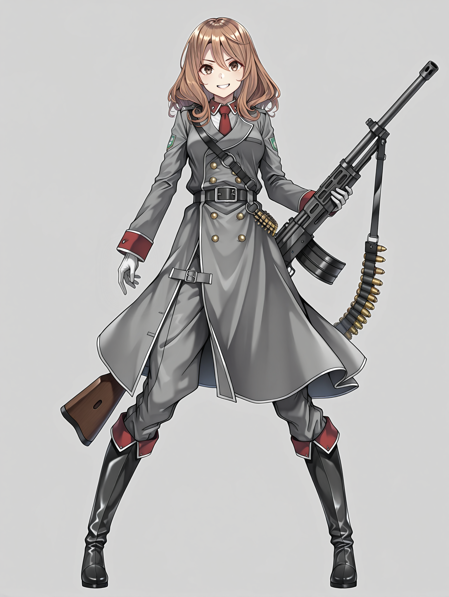 masterpiece,best quality,newest,
1girl,solo,
<lora:rail_clave_ilxl_v1.2:1>,rail_clave,brown hair,brown eyes,r_uniform,red necktie,ä¸ï·¿åå¸,military uniform,white gloves,grey pants,knee boots,belt,<lora:Fixhands_anime_bdsqlsz_V1:1>,machine gun,ammunition belt,looking_at_viewer,full body,simple_background,white_background,standing,holding,grin,spread legs,