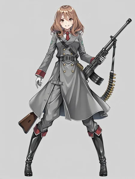 masterpiece,best quality,newest,
1girl,solo,
<lora:rail_clave_ilxl_v1.2:1>,rail_clave,brown hair,brown eyes,r_uniform,red necktie,ä¸ï·¿åå¸,military uniform,white gloves,grey pants,knee boots,belt,<lora:Fixhands_anime_bdsqlsz_V1:1>,machine gun,ammunition belt,looking_at_viewer,full body,simple_background,white_background,standing,holding,grin,spread legs,