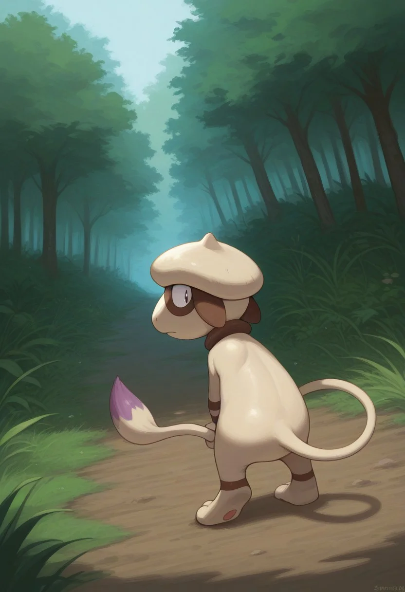 pokemon \(classic anime\),
best quality, masterpiece, amazing quality, very aesthetic, absurdres,
1boy, solo, no humans,
from behind, looking back,
smeargle, pokemon \(creature\),
outdoors