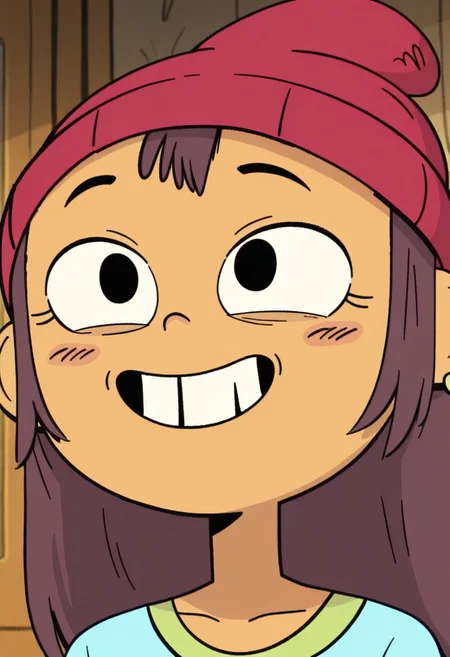 masterpiece, best quality, amazing quality, Lily Pak, solo, 1girl, black eyes, long dark brown hair, specks on cheeks, red beanie, long sleeved cyan shirt, green earrings, bara, close-up, grin, missing tooth