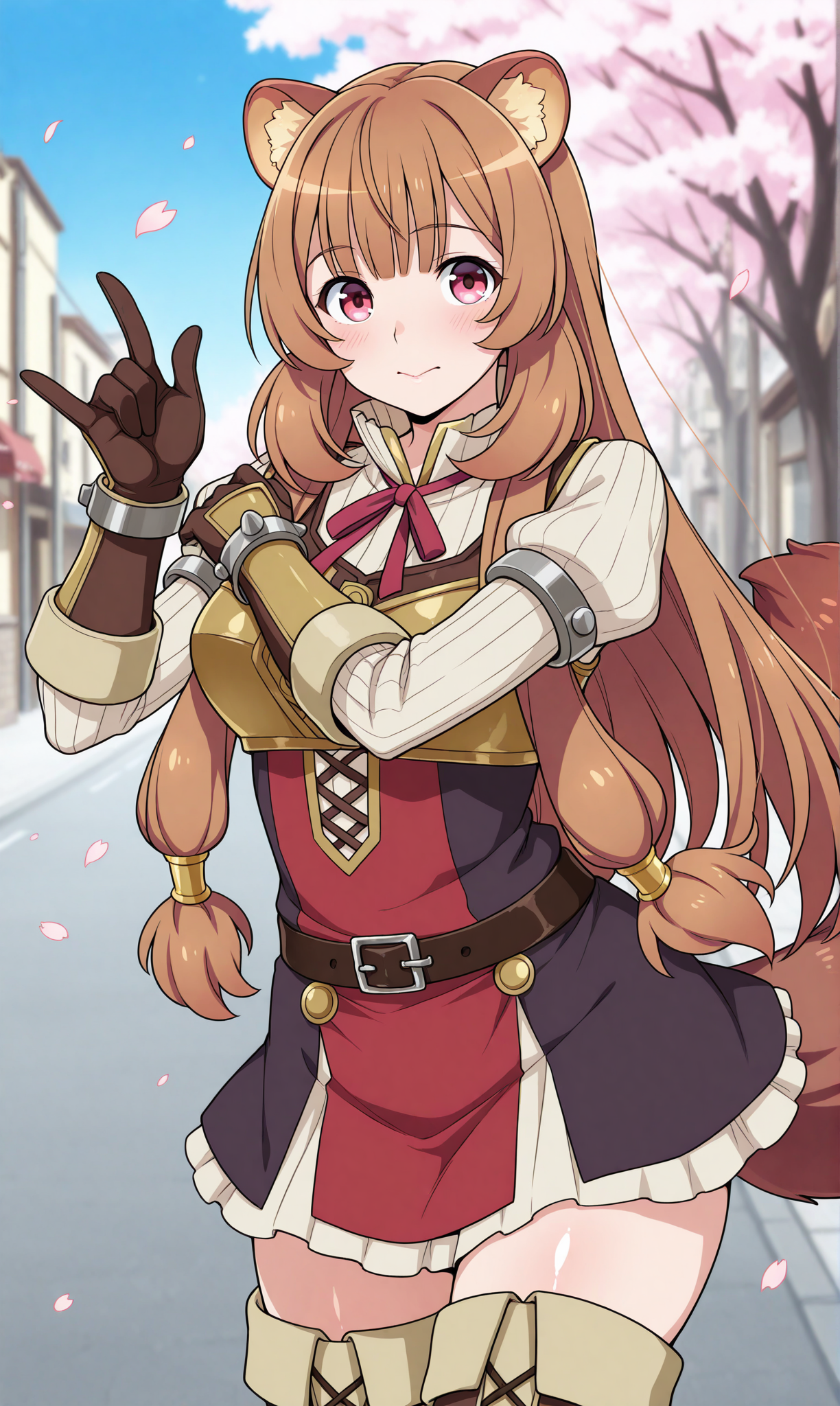 1girl, solo, masterpiece, best quality, amazing quality, street, cherry blossoms, shiny skin,  <lora:raphtalia_illust_scarxzys:1>, ,raphtalia, long hair, bangs, brown hair, animal ears, raccoon ears, raccoon tail, raccoon girl, pink eyes, long sleeves, sweater, ribbed sweater, puffy sleeves, breastplate, ribbon, red ribbon, gauntlets, glove, brown gloves, belt, skirt, armor, thigh boots, \m/, :), close-up
