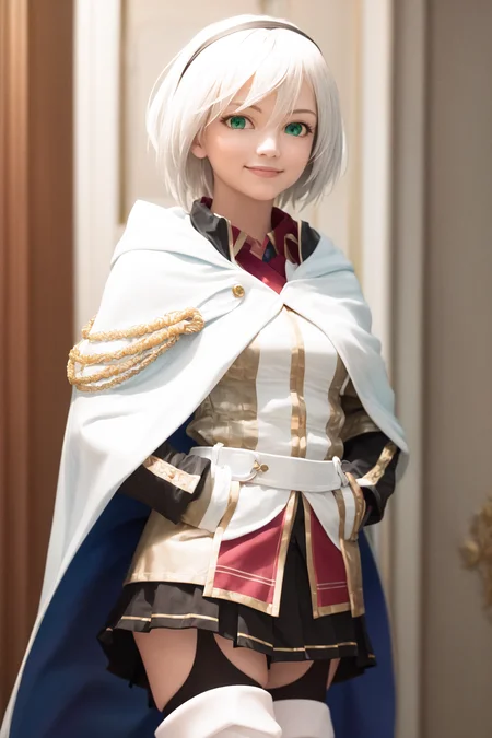 masterpiece, best quality, highres, 1girl amnesia green eyes short hair, white cape black skirt pleated skirt white jacket red shirt garter straps black thighhighs thigh boots <lora:amnesia:1> standing, smile, (hands in pocket : 1.6), (photorealistic:1.4)