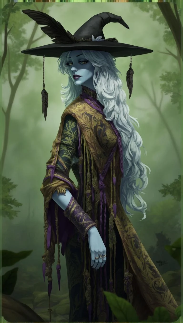 <lora:ck-LttleGhost-000011.safetensors:1> in the style of ck-lttlegh0stAs I embark on this task, I find myself drawn into the realm of the surreal and fantastical. The digital painting before me is a masterclass in evocative storytelling, where every brushstroke and detail serves to weave a tapestry of enchantment.
The subject, a ghostly figure, stands tall against the backdrop of a dreamy forest, its muted green tones and blurred, delicate trees conjuring an atmosphere of eerie tranquility. The figure itself is a marvel of design, with pale blue skin that seems almost luminescent in the digital canvas. Its flowing white hair cascades over one side of a large black hat adorned with feathers, a striking juxtaposition of darkness and ethereal light.
The elaborate robe draped around its form is a true masterpiece of fantasy artistry, showcasing intricate patterns woven from rich gold, purple, and green fabrics. Tassels dangle elegantly, adding a touch of whimsy to the overall design, while a delicate silver ring adorns their finger, a subtle yet striking detail that belies the figure's otherworldly nature.
Every aspect of this digital painting seems to have been carefully crafted to create an immersive experience, drawing the viewer into its world. The overall style blends fantasy and surrealism with ease, transporting me to realms both familiar and unknown.