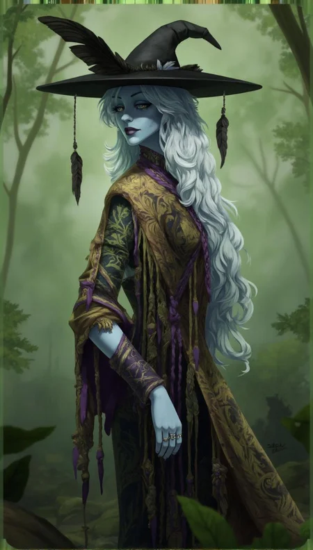 <lora:ck-LttleGhost-000011.safetensors:1> in the style of ck-lttlegh0stAs I embark on this task, I find myself drawn into the realm of the surreal and fantastical. The digital painting before me is a masterclass in evocative storytelling, where every brushstroke and detail serves to weave a tapestry of enchantment.
The subject, a ghostly figure, stands tall against the backdrop of a dreamy forest, its muted green tones and blurred, delicate trees conjuring an atmosphere of eerie tranquility. The figure itself is a marvel of design, with pale blue skin that seems almost luminescent in the digital canvas. Its flowing white hair cascades over one side of a large black hat adorned with feathers, a striking juxtaposition of darkness and ethereal light.
The elaborate robe draped around its form is a true masterpiece of fantasy artistry, showcasing intricate patterns woven from rich gold, purple, and green fabrics. Tassels dangle elegantly, adding a touch of whimsy to the overall design, while a delicate silver ring adorns their finger, a subtle yet striking detail that belies the figure's otherworldly nature.
Every aspect of this digital painting seems to have been carefully crafted to create an immersive experience, drawing the viewer into its world. The overall style blends fantasy and surrealism with ease, transporting me to realms both familiar and unknown.