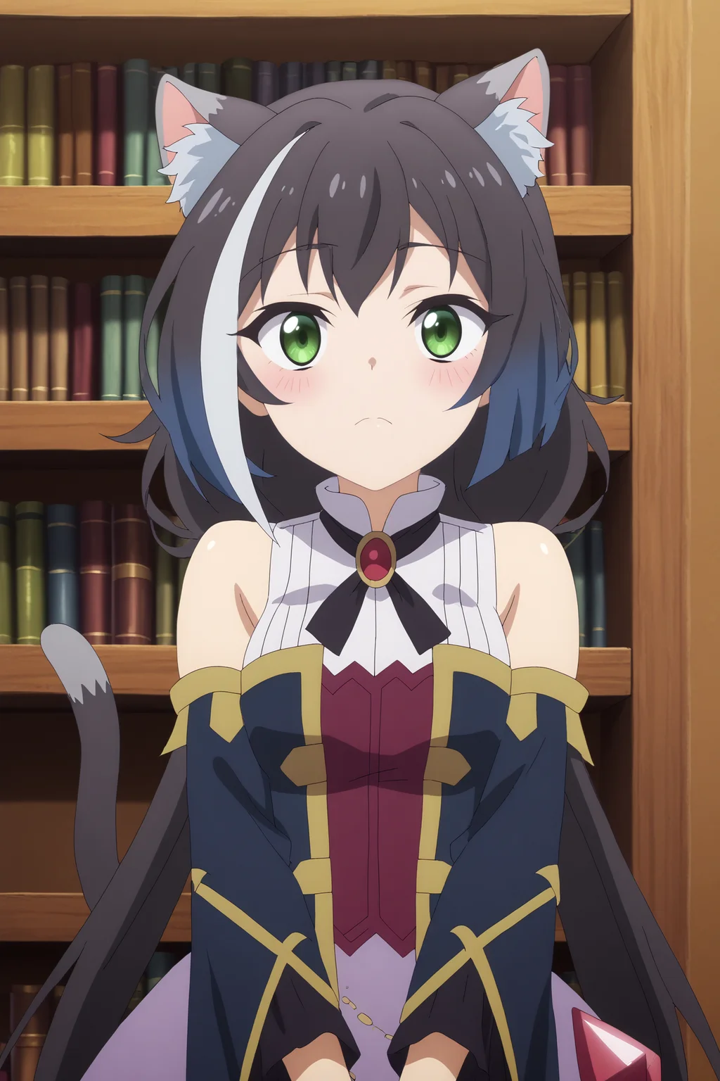karyl,1girl,solo,animal_ears, multicolored_hair, streaked_hair, cat_ears, animal_ear_fluff, cat_girl, white_shirt, long_hair, detached sleeves ,looking at viewer,tail,cat tail,upper_body, v arms, BREAK indoors,library,bookshelf <lora:Karyl_-_Princess_Connect_ReDive.safetensors:0.9> <lora:detailed_backgrounds_v2.safetensors:0.6>,
