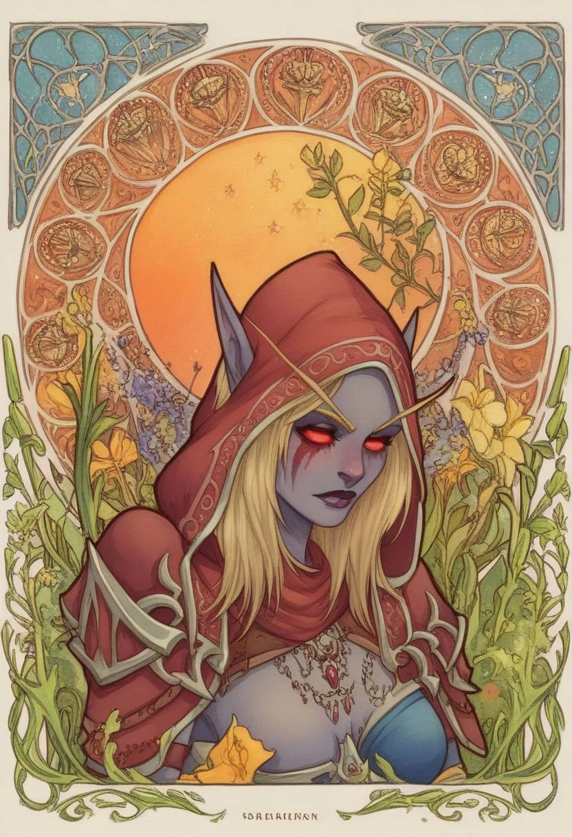score_9, score_8_up, score_7_up, (art nouveau:1.4), sylvanas windrunner, watercolor painting