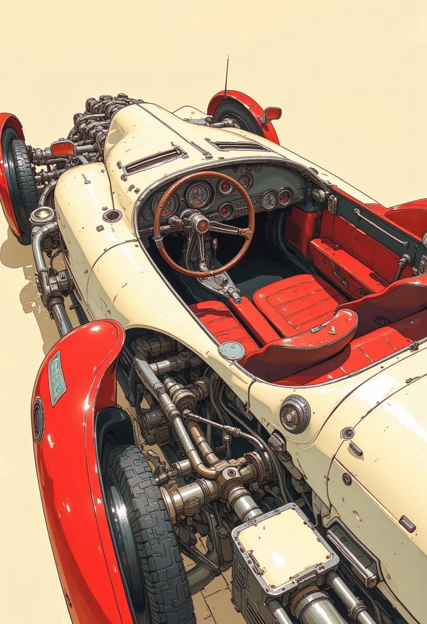 art by Charles Rennie Mackintosh, a sleek, futuristic car with a striking red and white livery dominates the frame, its angular lines and chrome accents gleaming under soft, overhead lighting. half of the car's engine is exposed, revealing intricately machined parts, while the interior shines through the open compartment, showcasing a minimalist dashboard and plush, red leather seats. Art Nouveau, Glasgow School, innovative, organic forms
anime_martz, anime_source, DB4RZ, DB4RZ style painting, anime, cyberpunk