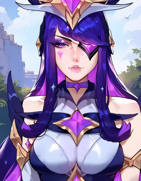 <lora:Floox_2.0:1>,
score_9, score_8_up, score_7_up, master piece, high quality, high res, league of legends, medium close shot,
beautiful face, perfect face, (detailed eyes:1.2), 1girl, sgsyndra, headgear, eye patch, facial mark, purple eyeshadow, multicolored hair, hair ornament, choker, chest jewel, collared dress, elbow gloves, asymmetrical legwear, thighlet, one white thigh high, outdoors, night time,
<lora:SGSyndraV5:0.9>