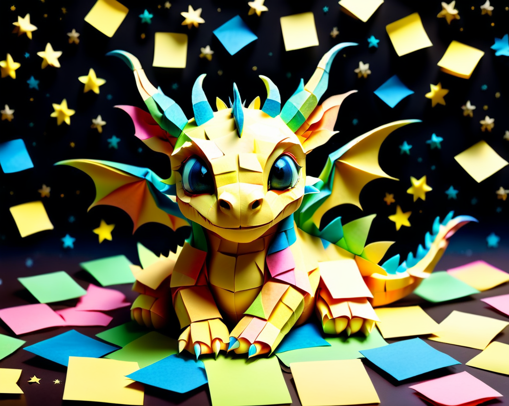 a small cute baby dragon made out of Jed-StickyN laying down on his side asleep, (eyes closed, head down:1.3), dynamic angle, dark fantasy, intricate details, ultra wide shot, zoomed out, front view
<lora:StickyNotesStyle:1>,  <lora:add-detail-xl:0.7>,  <lora:sd_xl_dpo_lora_v1:1>, <lora:xl_more_art-full_v1:0.3>,  set against a  background of a starry sky,