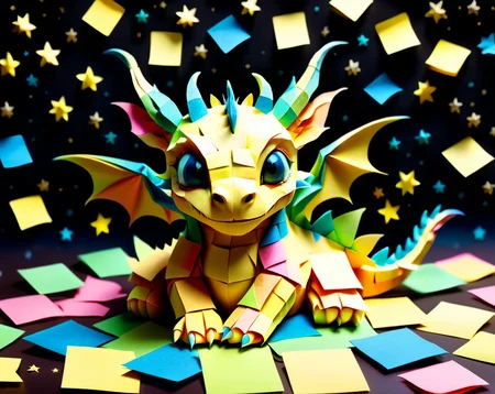 a small cute baby dragon made out of Jed-StickyN laying down on his side asleep, (eyes closed, head down:1.3), dynamic angle, dark fantasy, intricate details, ultra wide shot, zoomed out, front view
<lora:StickyNotesStyle:1>, <lora:add-detail-xl:0.7>, <lora:sd_xl_dpo_lora_v1:1>, <lora:xl_more_art-full_v1:0.3>, set against a background of a starry sky,