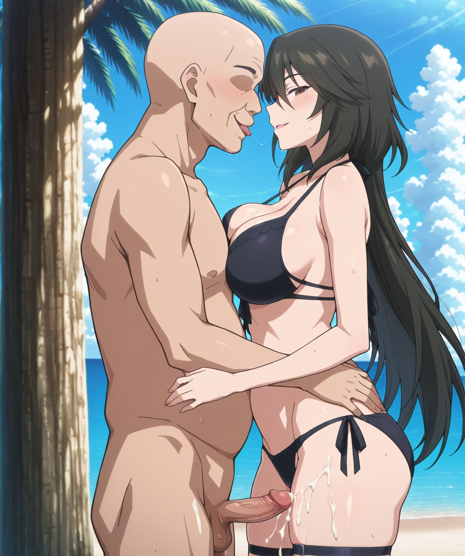 masterpiece, best quality, newest, absurdres, highres, detailed eyes, beautiful, detailed background, perfect eyes, anime coloring, anime screencap,
<lora:Thigh_Sex:1>Thigh_SexV1,
thigh sex,  thick thighs, naughty face, side view, penis, cum, 
cum on body,standing,  cuddling, imminent kiss, 
BREAK
ocean, tree, blue sky, 
mm,mature female,black hair,brown eyes,long hair,,large breasts, black bikini,wet,thigh strap, 
<lora:Chifuyu_Orimura-Infinite_Stratos:0.8>
BREAK
fatman, ugly man, bald,faceless male,