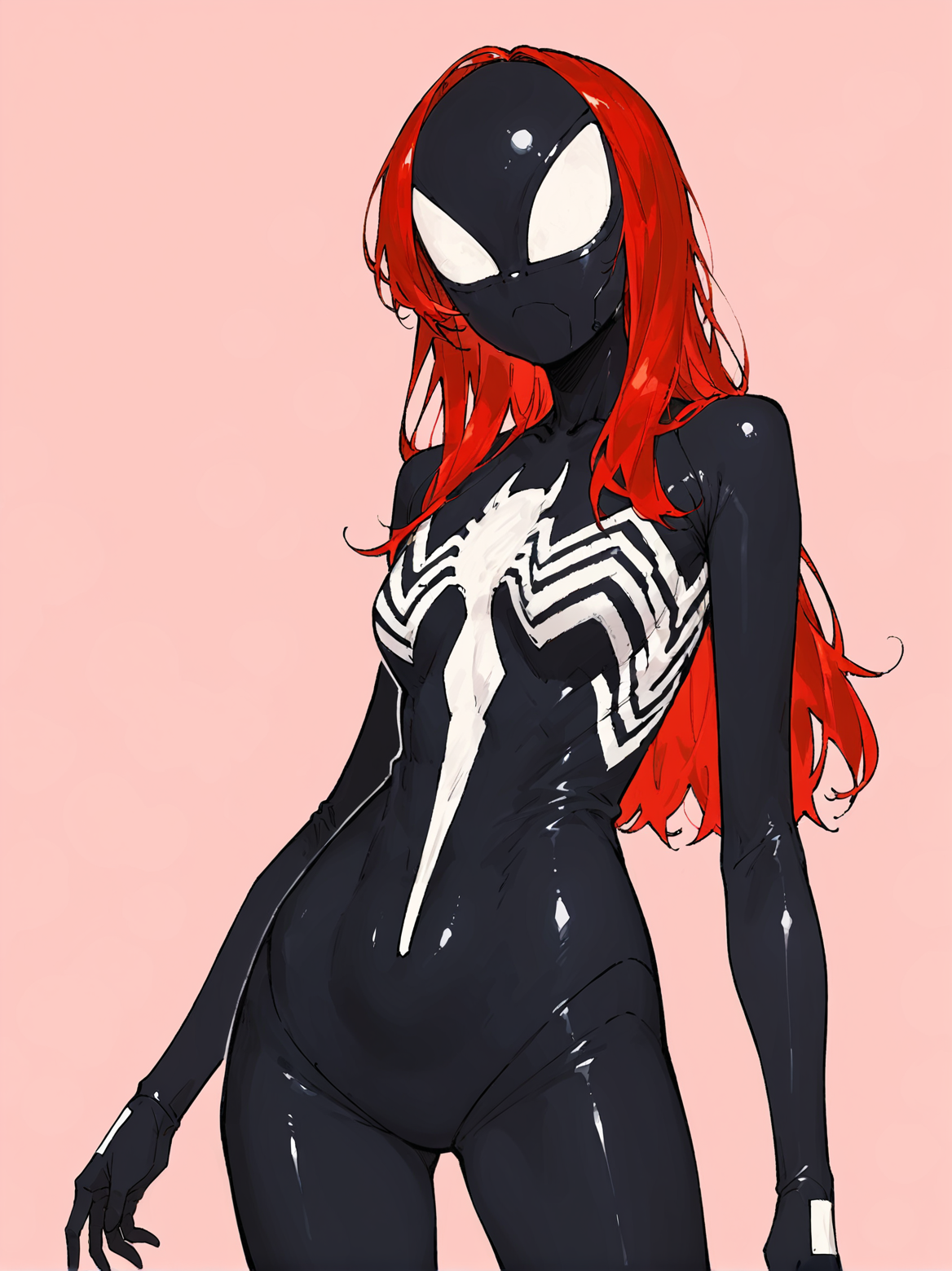 score_8_up, score_7_up, score_6_up, source_anime, 1girl, solo, simple background, pink background,
standing, pose, contrapposto, arched back, cowboy shot, facing viewer
long hair, red hair
symbiote suit, black bodysuit, black mask  <lora:Symbiote_Suit-000008:1>