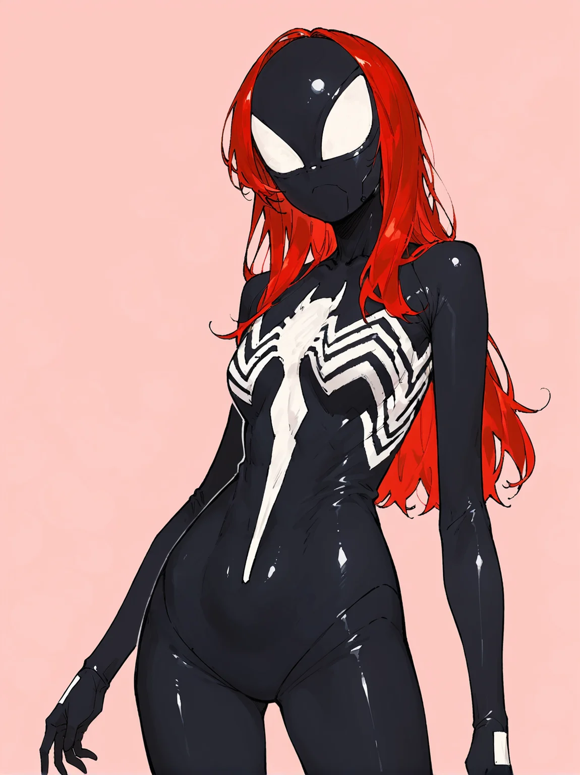 score_8_up, score_7_up, score_6_up, source_anime, 1girl, solo, simple background, pink background,
standing, pose, contrapposto, arched back, cowboy shot, facing viewer
long hair, red hair
symbiote suit, black bodysuit, black mask  <lora:Symbiote_Suit-000008:1>