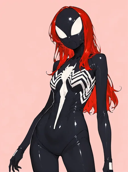 score_8_up, score_7_up, score_6_up, source_anime, 1girl, solo, simple background, pink background,
standing, pose, contrapposto, arched back, cowboy shot, facing viewer
long hair, red hair
symbiote suit, black bodysuit, black mask <lora:Symbiote_Suit-000008:1>