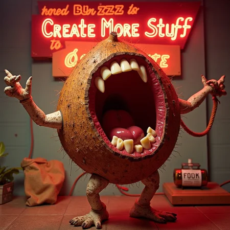 Hyper realistic, hyper expressive, detailed teeth, standing, live coconut screaming while bring squished, extremely detailed scenario with a vintage neon glowing sign written "need Buzz to create more stuff".