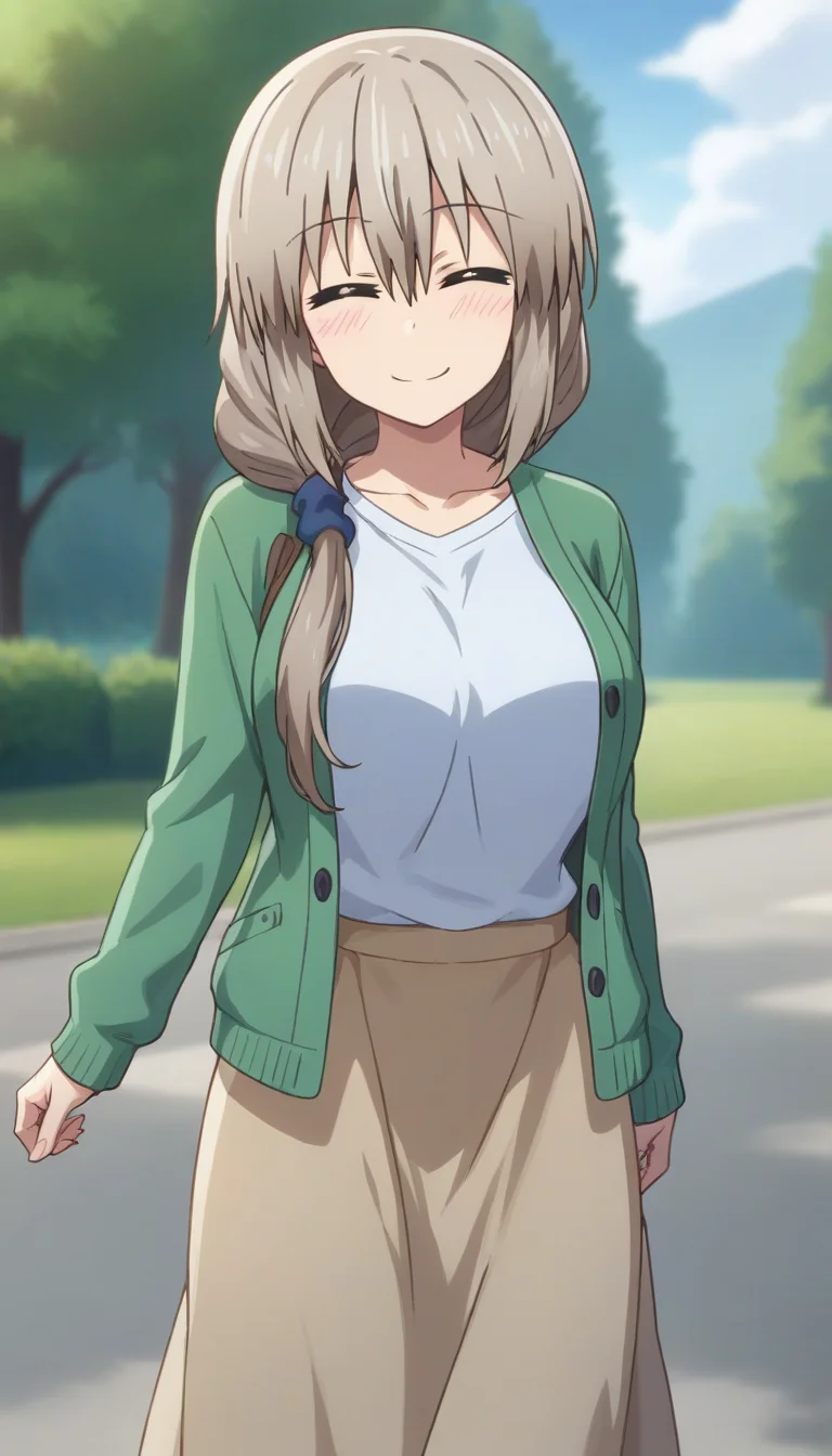 score_9,score_8_up,score_7_up,score_6_up BREAK official art,solo,outdoors,upper body,(portrait:1.5),looking at viewer,facing viewer,smile,blush,mature female,Tsuki Uzaki,grey hair,long hair,braid,hair over shoulder,hair scrunchie,hair ornament,hair between eyes,bangs,closed eyes,^_^,collarbone,green cardigan,open cardigan,white shirt,long sleeves,large breasts,skindentation,shirt tucked in,brown skirt,long skirt,high heels,white footwear,<lora:Tsuki Uzaki(uwa)-Pony:1.4>,