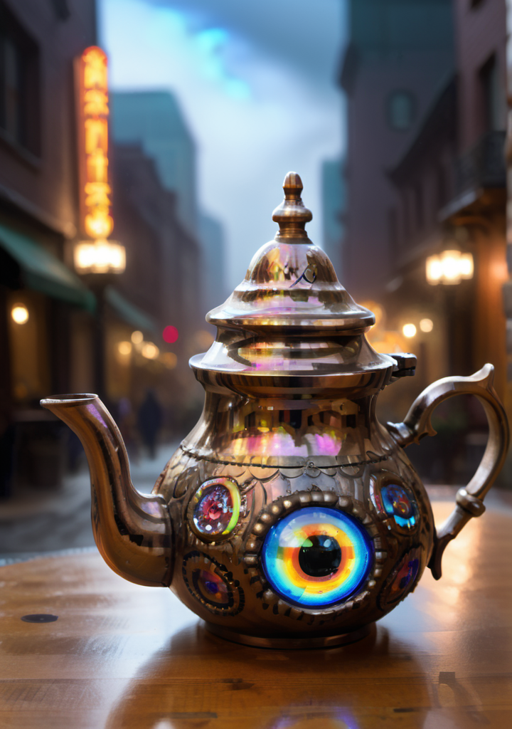 A whimsical character| teapot, and, ornate, glasses made out of colorful bioluminescent Glass, with large eyes, glow,inverted neon rainbow,night city <lora:AtayV2:0.8> atai, <lora:pixelbuildings128-v2:1>