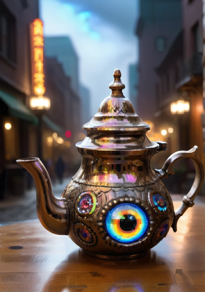 A whimsical character| teapot, and, ornate, glasses made out of colorful bioluminescent Glass, with large eyes, glow,inverted neon rainbow,night city <lora:AtayV2:0.8> atai, <lora:pixelbuildings128-v2:1>