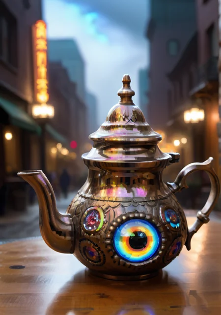 A whimsical character| teapot, and, ornate, glasses made out of colorful bioluminescent Glass, with large eyes, glow,inverted neon rainbow,night city <lora:AtayV2:0.8> atai, <lora:pixelbuildings128-v2:1>