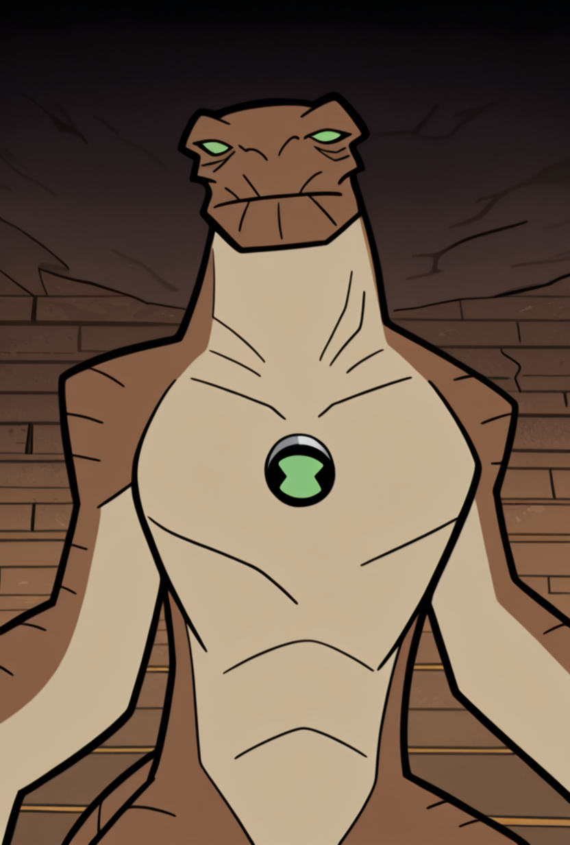 <lora:humungousaur-08:1> humungousaur, dinosaur, 1boy, male focus, solo, green eyes, no humans, brown skin, , green sclera, tail, no pupils, zoomed out view, cowboy shot,    <lora:Clerks_The_Animated_Series_V2:1> ClerksTAS, masterpiece, best quality, amazing quality, very aesthetic, absurdres, newest,