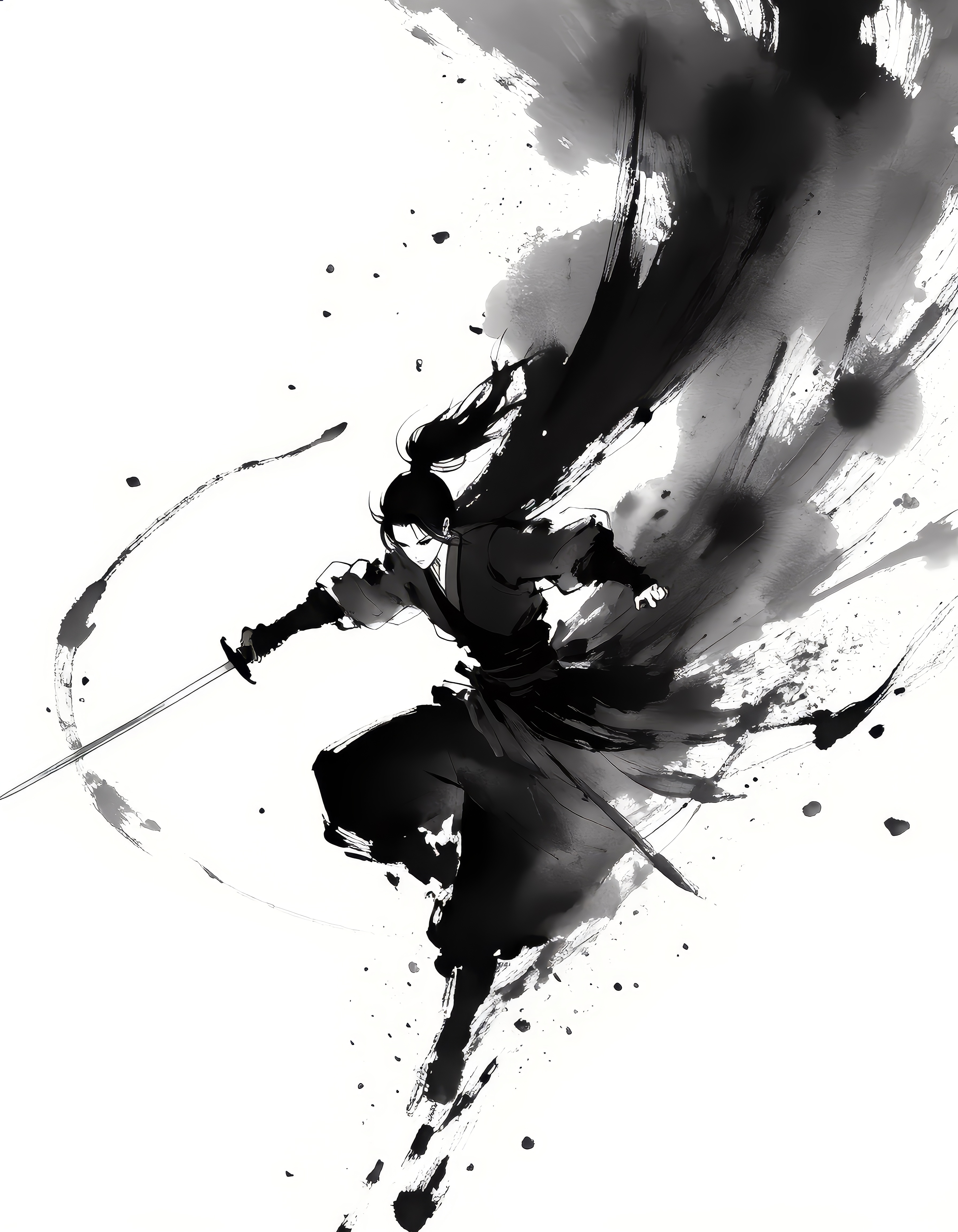 A minimalist ink wash painting in the style of traditional East Asian brush art, capturing a dynamic action scene. A lone warrior mid-leap, cloak and hair flowing, sword slicing through the air with fierce momentum. Bold, sweeping brush strokes emphasize movement and tension, with dramatic contrast between black ink and white space. Sparse but deliberate detail conveys intensity and energy in a minimalist composition, evoking raw emotion and motion