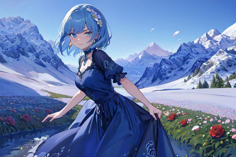 (masterpiece:1.4), 4K8K, (anime style), (high shutterspeed:1.4), (sharp edges), 
plants niji style,
flower rose, 1 woman prey with hands togather, neeling, leaning foward, 
wearing Celtic style dress, (Detailed face, Detailed eyes), 
im lapis lazuli colored roses, Alps in the background,