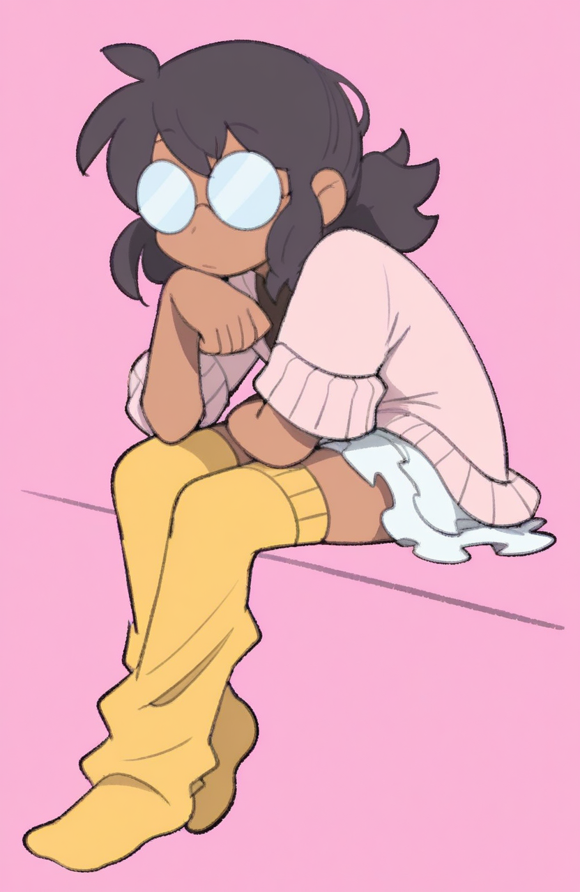 1girl, solo, <lora:TemmieChang:1> tmchng, sitting, leaning on hand, eyes glistening, nostalgic stare, poetic sadness,
<lora:3in1_PPP-I-DW-to-be-A-MG_ILv1b:0.5> zir@, glasses, opaque glasses, dark-skinned female, dark skin, black hair, pink fur-trimmed cardigan, short sleeves, red frilled skirt, yellow loose thighhighs, no shoes, , extremely detailed, highres, masterpiece, best quality