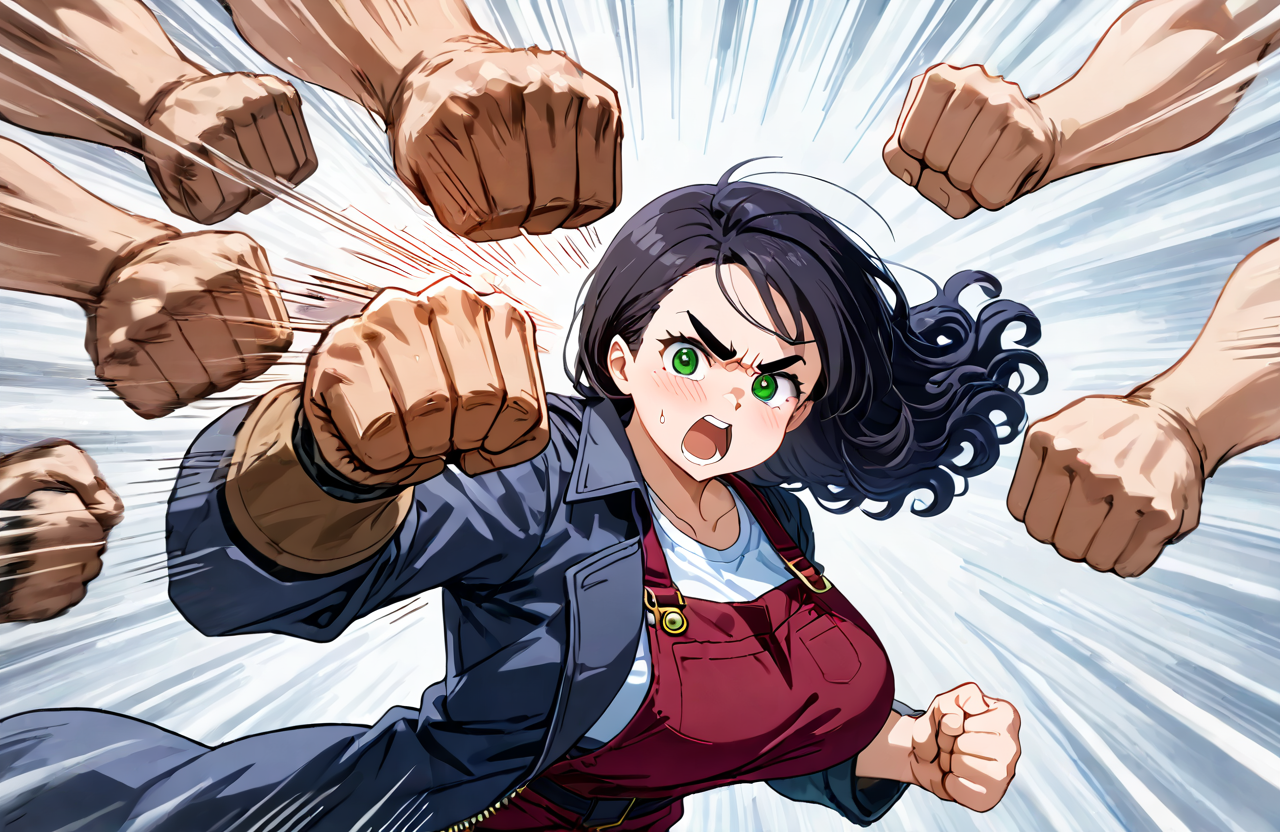 score_9, score_8_up, score_7_up, score_6_up, source_anime, ah1, <lora:rushpunchXLpony002:0.5> (((rushpunch, punching, multiple hands, fists, clenched fists, (speed lines:1.6), upper body, super speed))), couple, fight,
BREAK <lora:albertwesker-guy-PONYv1:1> albertwesker, albert wesker, 1boy, blonde, black gloves, sunglasses, long coat, trench coat, black coat, looking at viewer, toned, athletic, fit, slicked back hair, black turtleneck, zipper, mature male, (graphene textured clothes:1.7), (((sadistic smile, red eyes))), (motion lines:1.8), from side,
BREAK 1girl, (curly hair), long hair, (black hair), mature female, (parted hair:1.7), (round face), (no_bangs:1.3), (no_fringe:1.6), looking at viewer, (thick eyebrows), (curvy, plump), round-chin, (dark olive green eyes), caucasian, down-turned eyes, <lora:ETO_OCPonyXL:0.5> eto_oc, skindentation, short girl, busty, voluptuous, large breasts, (sangria Corduroy overalls and long-sleeve tee), puckered lips, bursting breasts, bouncing breasts, from side