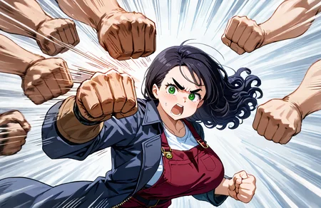 score_9, score_8_up, score_7_up, score_6_up, source_anime, ah1, <lora:rushpunchXLpony002:0.5> (((rushpunch, punching, multiple hands, fists, clenched fists, (speed lines:1.6), upper body, super speed))), couple, fight,
BREAK <lora:albertwesker-guy-PONYv1:1> albertwesker, albert wesker, 1boy, blonde, black gloves, sunglasses, long coat, trench coat, black coat, looking at viewer, toned, athletic, fit, slicked back hair, black turtleneck, zipper, mature male, (graphene textured clothes:1.7), (((sadistic smile, red eyes))), (motion lines:1.8), from side,
BREAK 1girl, (curly hair), long hair, (black hair), mature female, (parted hair:1.7), (round face), (no_bangs:1.3), (no_fringe:1.6), looking at viewer, (thick eyebrows), (curvy, plump), round-chin, (dark olive green eyes), caucasian, down-turned eyes, <lora:ETO_OCPonyXL:0.5> eto_oc, skindentation, short girl, busty, voluptuous, large breasts, (sangria Corduroy overalls and long-sleeve tee), puckered lips, bursting breasts, bouncing breasts, from side