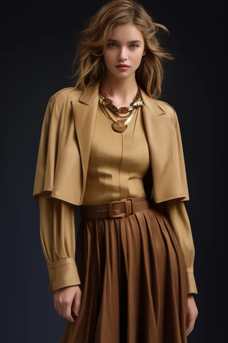 masterpiece,best quality,ultra_detailed,<lora:ArmaniSD:0.7><lora:BellissimaSD1.0:0.7> bellissima , dark background, 1girl wearing a white collared shirt, collared shirt, brown skirt, brown jacket, chain necklace, Armani style, realistic, fashion, cowboy shot,by Ellen von Unwerth