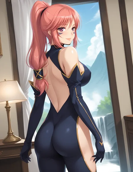 <lora:Smooth Anime 2 Style SDXL_LoRA_Pony Diffusion V6 XL:0.6>,<lora:flat_sdxl:-0.6>,<lora:xl_more_art-full_v1:0.45>, <lora:add-detail-xl:0.35>,<lora:sdxl-hairdetailer_02:0.3>,<lora:offset_0.2:0.6>,<lora:sd_xl_dpo_lora_v1:0.6>,<lora:neg4all_bdsqlsz_xl_V91:0.5>,<lora:Expressive_H:0.3>,Expressiveh,<lora:epic_anime_scenery_v0_1:0.3>,<lora:detail_bg:0.25>,
rating_explicit,score_9, score_8_up, score_7_up, BREAK source_anime,best quality, masterpiece,(anime screencap:0.5), hi res,
masterpiece, best quality, very aesthetic, absurdres, 8k,
twkb, <lora:Pony_Kaya_V1_Adam8W:1>,
1girl,solo,
happy,seductive smile, lipstick, blush,
facial mark,low-tied long hair,
large breasts, cleavage,
navel,
black bodysuit, center opening,clothing cutout,elbow gloves, hip vent, thigh cutout,
back cutout,
full body,
standing,
looking back,
from behind,
indoors, in vintage hotel,