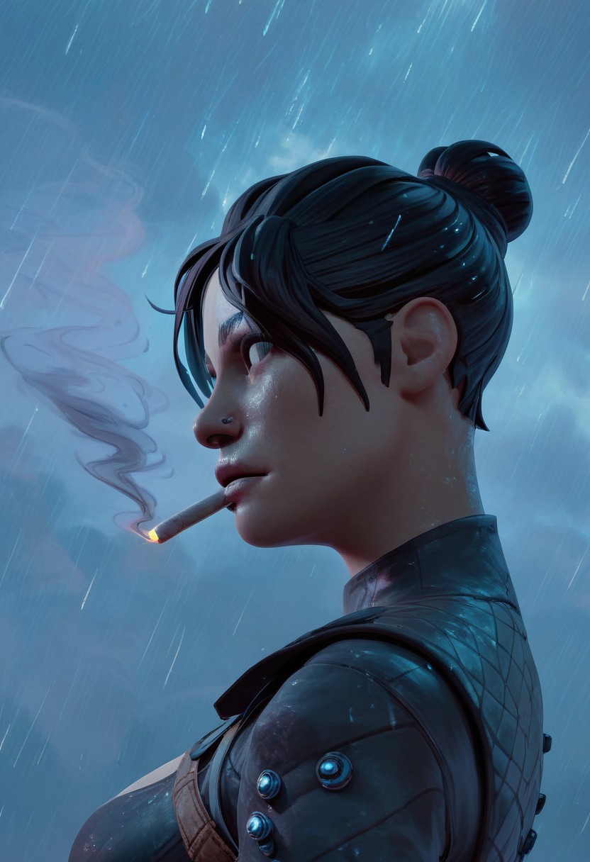 (score_9, score;yy_8_up:1.1), score_7_up,  1girl, solo, wraithxl, girl Smoking a cigarette, side view,<lora:AsuraLycoXL:1>, perfect eyes, Raining background,