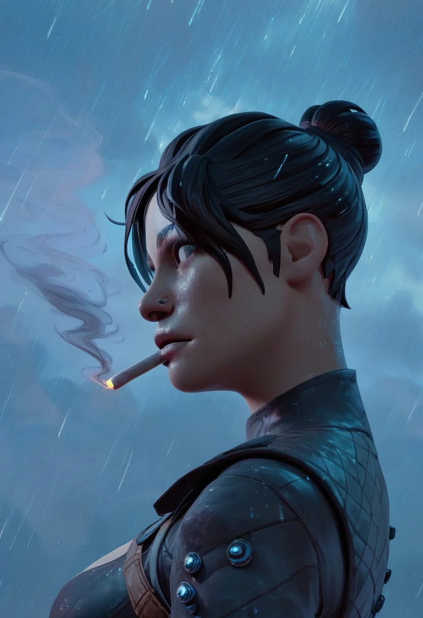 (score_9, score;yy_8_up:1.1), score_7_up, 1girl, solo, wraithxl, girl Smoking a cigarette, side view,<lora:AsuraLycoXL:1>, perfect eyes, Raining background,
