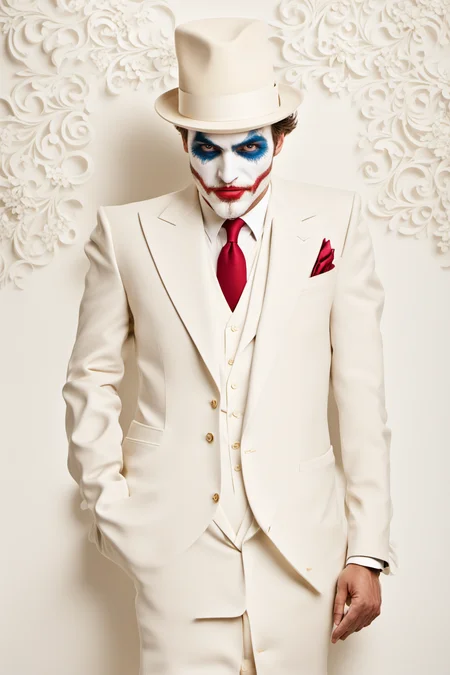 <lora:chahua:0.9>,ch,Minimalist fasion photo of a Joker in white suit and hat. White filigree background,