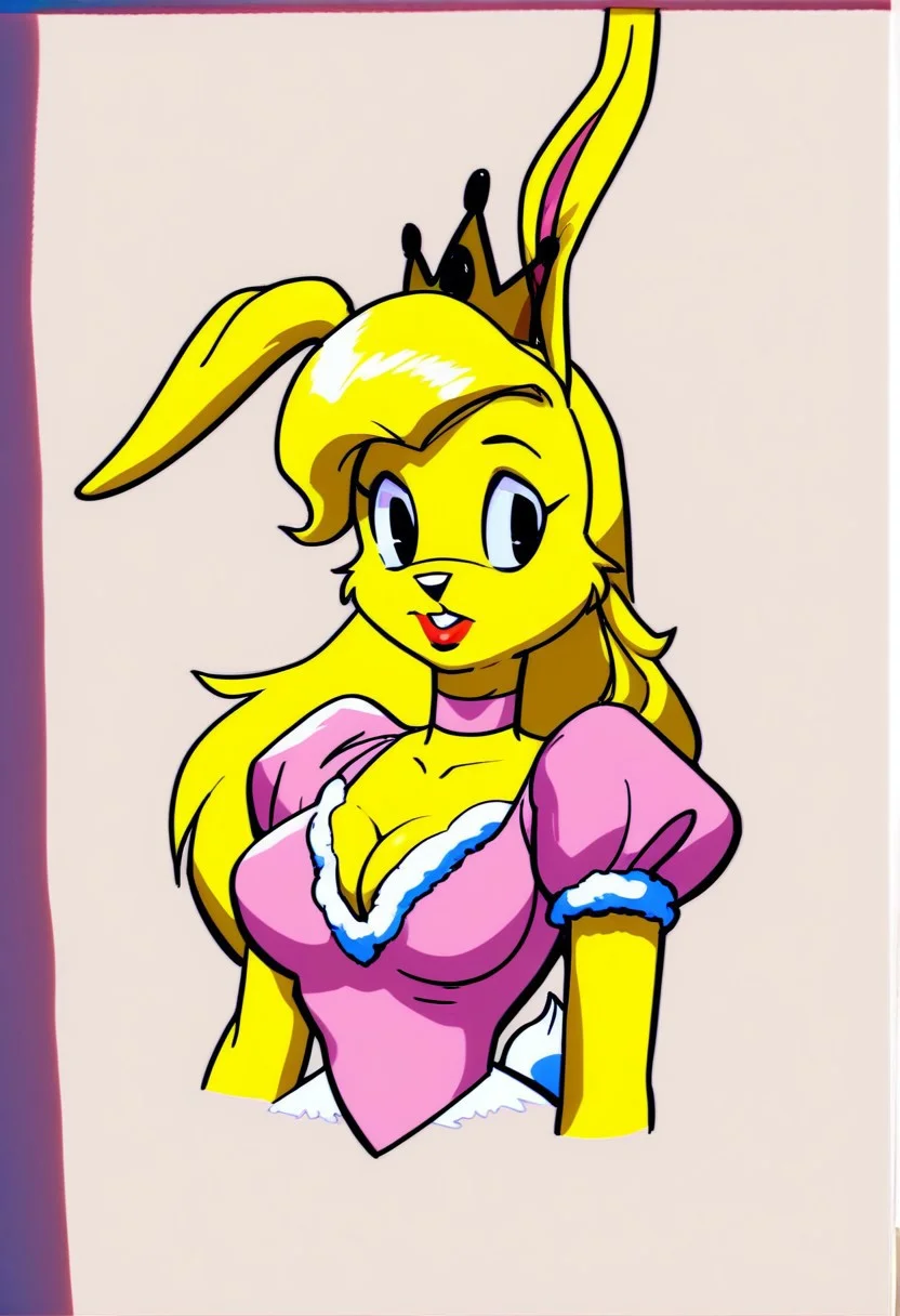 score_9, score_8_up, score_7_up, score_6_up, score_5_up, score_4_up, retro artstyle, BREAK 
LoriJackRabbitPXL, rabbit girl, long blonde hair, yellow fur,1girl, breasts, solo, pink dress, dress, traditional media, cleavage, crown,black eyes, furry, yellow skin, large breasts, puffy sleeves, puffy short sleeves, short sleeves, furry female, makeup, choker,yellow hair, lipstick, marker \(medium\), upper body
<lora:lorijackrabbit-v1:0.9>
